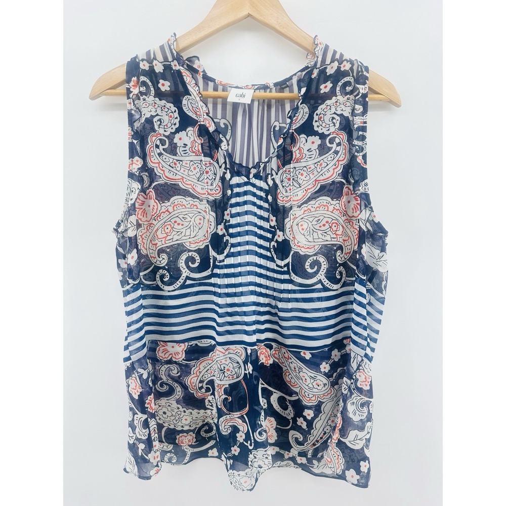 Cabi Sleeveless Blouse Paisley Stripe Blue Red Ruffle Neck Boho Coastal KK13